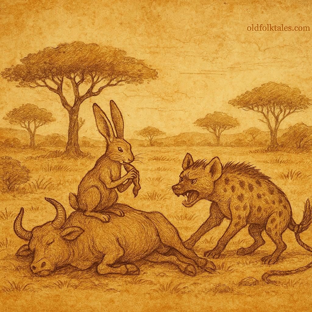 Six Trickster Tales from Senegal – OldFolktales.com | FolktalesAfrica.com Parchment-style illustration of Senegalese hare and hyena, clever tricks and greedy misadventures in forest and village scenes