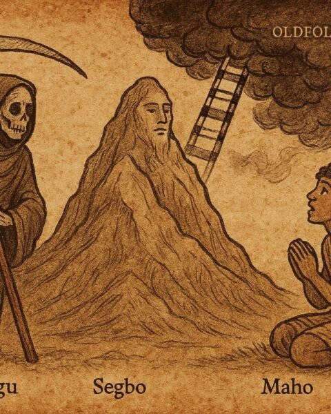 Parchment-style illustration of Agbagugu climbing a thread ladder to the sky in this West African folktale.