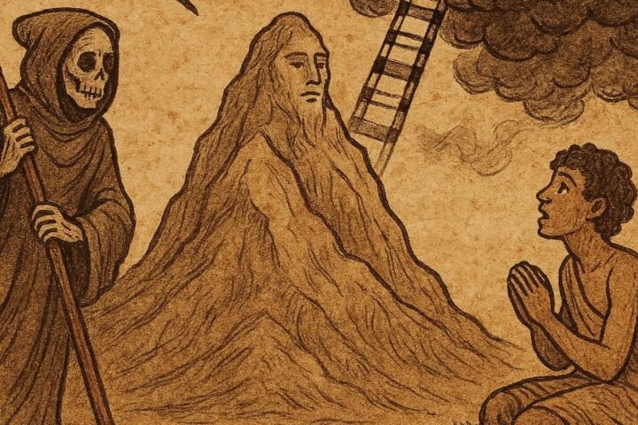 Parchment-style illustration of Agbagugu climbing a thread ladder to the sky in this West African folktale.