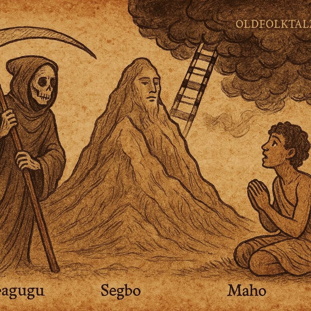 Parchment-style illustration of Agbagugu climbing a thread ladder to the sky in this West African folktale.