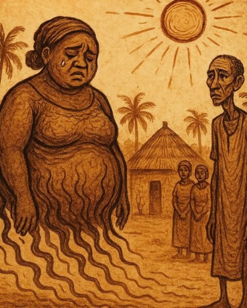 Parchment-style illustration of a fat woman melting under the sun beside her thin husband, African folktale scene.