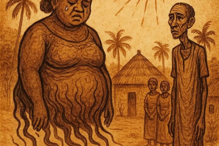 Parchment-style illustration of a fat woman melting under the sun beside her thin husband, African folktale scene.