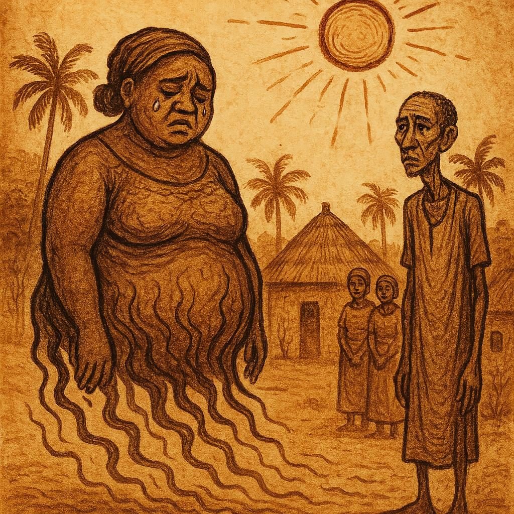 Parchment-style illustration of a fat woman melting under the sun beside her thin husband, African folktale scene.
