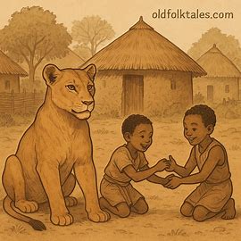 The lioness stepmother raises two brothers named Deng in a Dinka folktale of South Sudan.