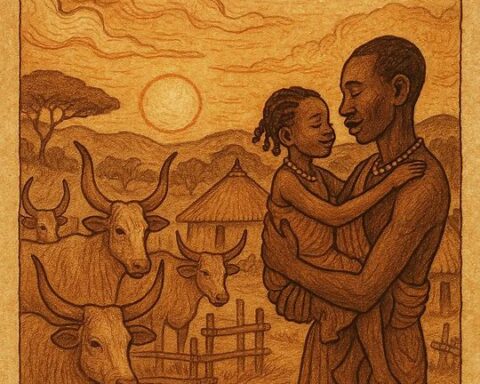 Landscape parchment-style illustration of a Dinka folktale scene showing a father holding his daughter in a cattle-byre with cows and traditional huts under an African sunset, branded with Oldfolktales.com at the top right.