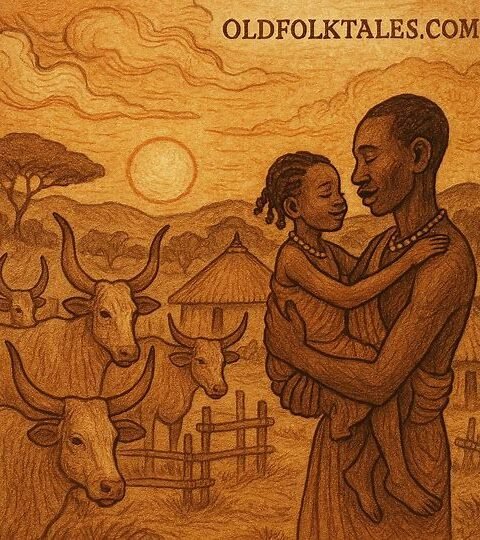 Landscape parchment-style illustration of a Dinka folktale scene showing a father holding his daughter in a cattle-byre with cows and traditional huts under an African sunset, branded with Oldfolktales.com at the top right.