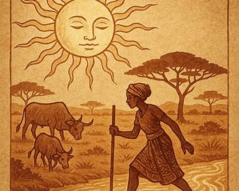 Aluel guided by the glowing Sun across a river in a Dinka folktale.