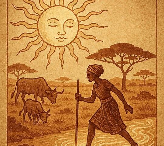 Aluel guided by the glowing Sun across a river in a Dinka folktale.