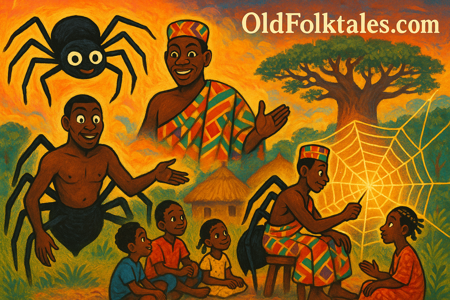 Anansi Folktales Collection: The Clever Spider of West Africa | FolktalesAfrica.com  Illustration of Anansi the spider and other characters from Ghanaian folklore, representing traditional West African storytelling.