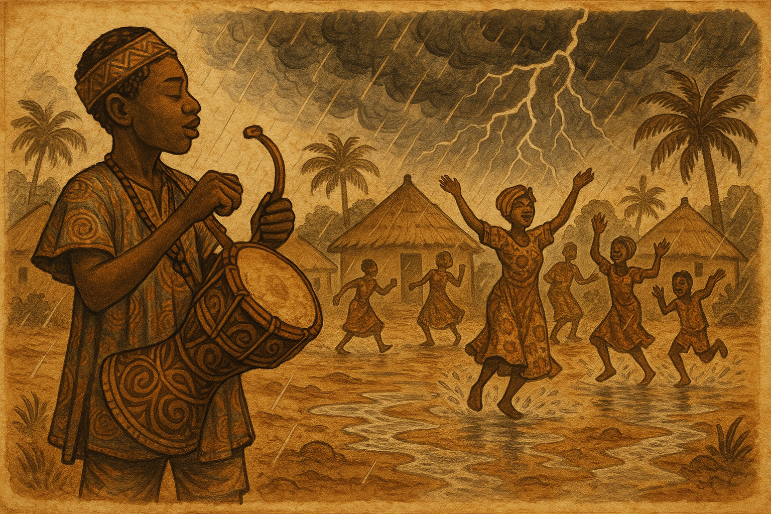 Young Yoruba drummer plays sacred talking drum in village square, summoning rain goddess Oya to bring life-giving rain during a drought.