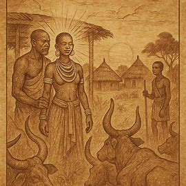 Parchment-style landscape artwork of Aluel standing radiant as her father Chol and Ring fight with spears in a cattle-byre under an African sunset, with Oldfolktales.com logo at the top right.
