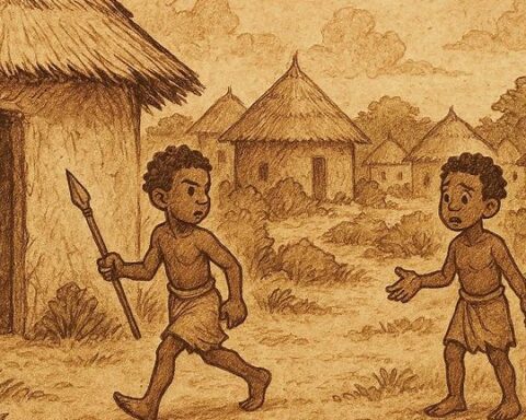 Raogo approaches his mother’s hut while Poko watches, Mossi village scene.