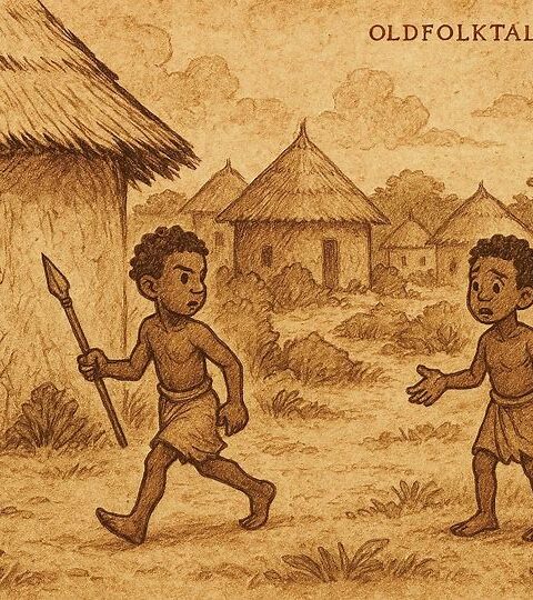 Raogo approaches his mother’s hut while Poko watches, Mossi village scene.