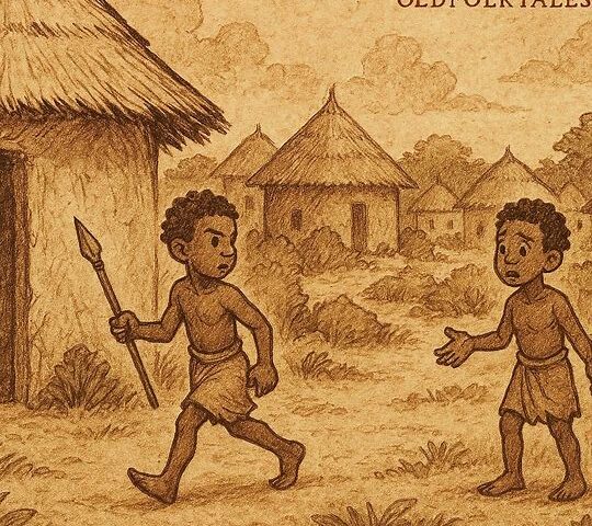 Raogo approaches his mother’s hut while Poko watches, Mossi village scene.