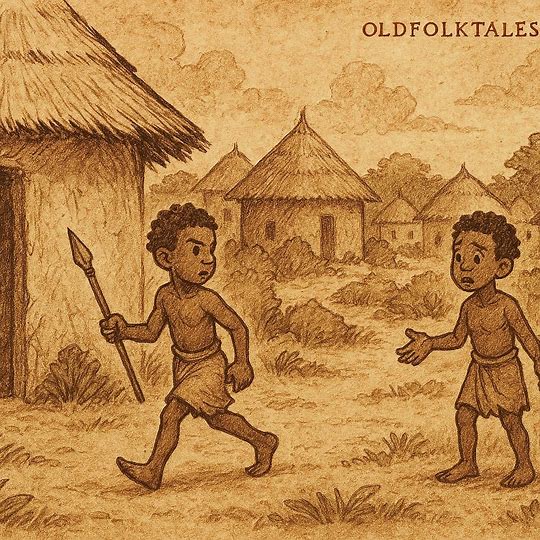 Raogo approaches his mother’s hut while Poko watches, Mossi village scene.