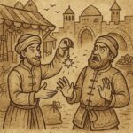 Clever merchant using an amulet to outwit a greedy rival at Tripoli market