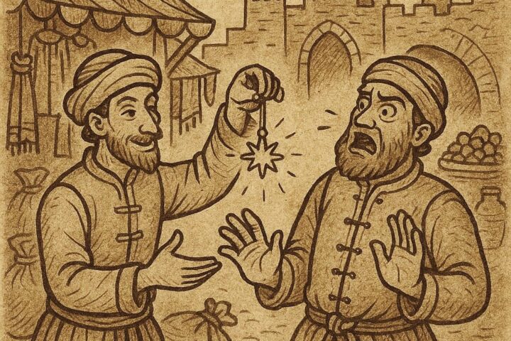 Clever merchant using an amulet to outwit a greedy rival at Tripoli market