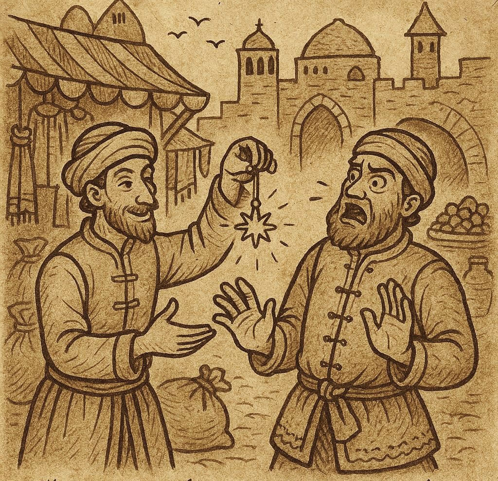 Clever merchant using an amulet to outwit a greedy rival at Tripoli market