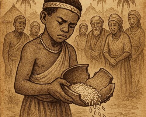 a young chief’s son holding a broken wooden bowl as rice spills to the ground, with villagers watching in sorrow