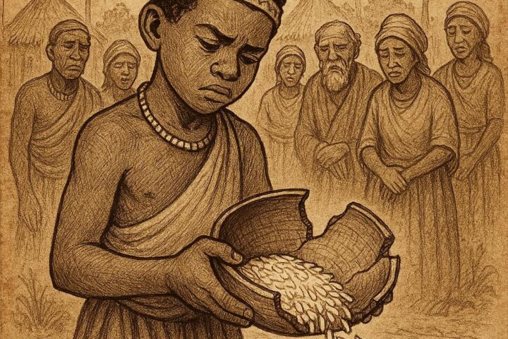 a young chief’s son holding a broken wooden bowl as rice spills to the ground, with villagers watching in sorrow