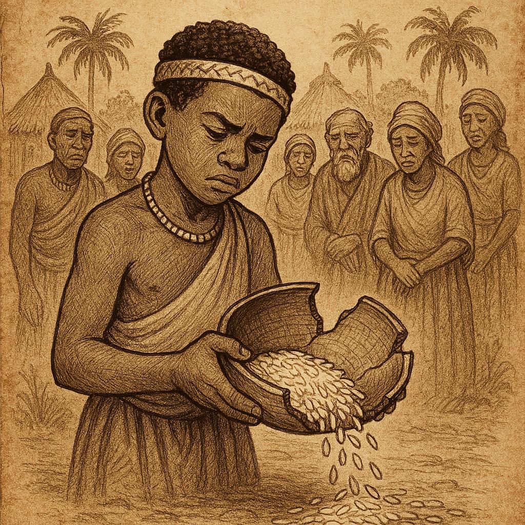 a young chief’s son holding a broken wooden bowl as rice spills to the ground, with villagers watching in sorrow