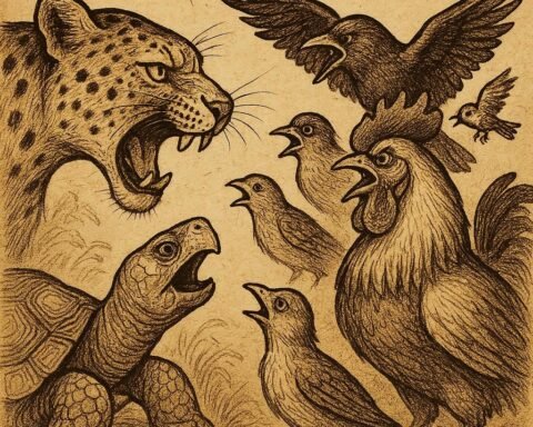 Animals and birds arguing in a village clearing, with Leopard and birds in conflict - Gabonese folktale