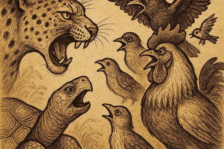 Animals and birds arguing in a village clearing, with Leopard and birds in conflict - Gabonese folktale
