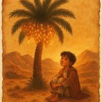 Young orphan sitting under a magical date palm with glowing fruit in Jabal Akhdar desert