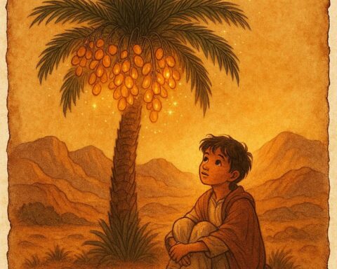 Young orphan sitting under a magical date palm with glowing fruit in Jabal Akhdar desert