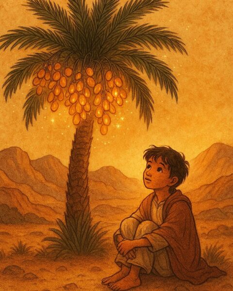 Young orphan sitting under a magical date palm with glowing fruit in Jabal Akhdar desert