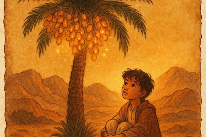 Young orphan sitting under a magical date palm with glowing fruit in Jabal Akhdar desert