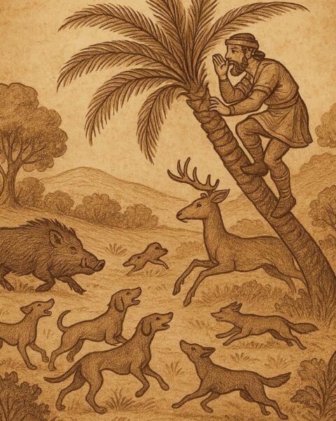 Parchment-style illustration of hunter in tree, loyal dogs attacking wild animals, Ethiopian folktale.