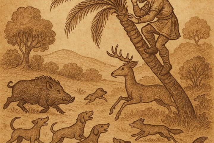 Parchment-style illustration of hunter in tree, loyal dogs attacking wild animals, Ethiopian folktale.