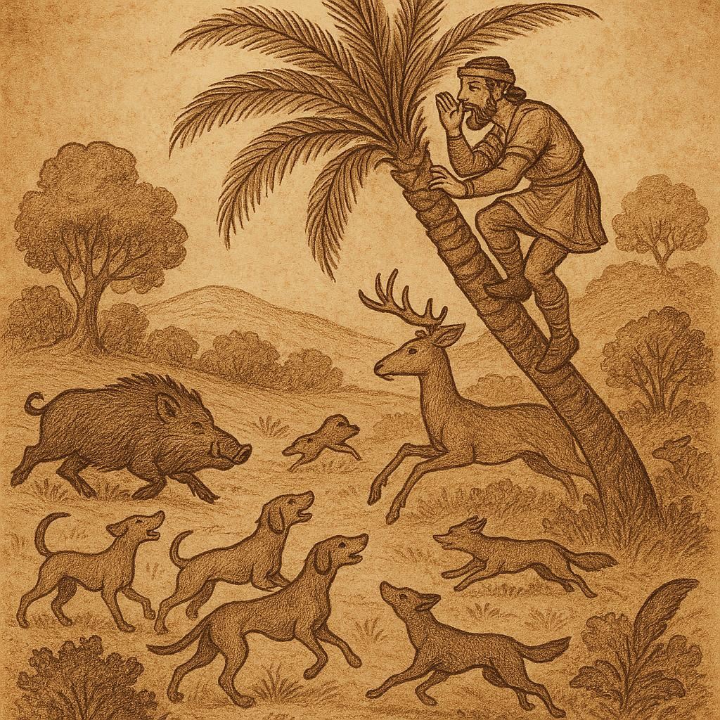 Parchment-style illustration of hunter in tree, loyal dogs attacking wild animals, Ethiopian folktale.