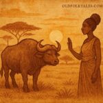 buffalo and a woman in the Malian savannah at sunset - Mali folktale