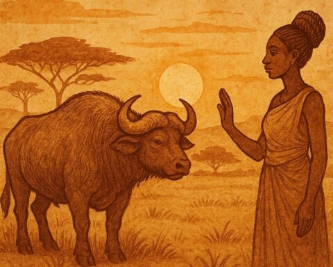 buffalo and a woman in the Malian savannah at sunset - Mali folktale