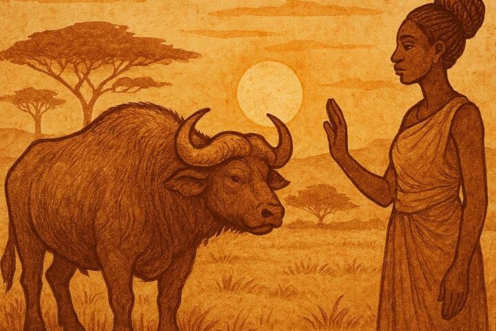 buffalo and a woman in the Malian savannah at sunset - Mali folktale