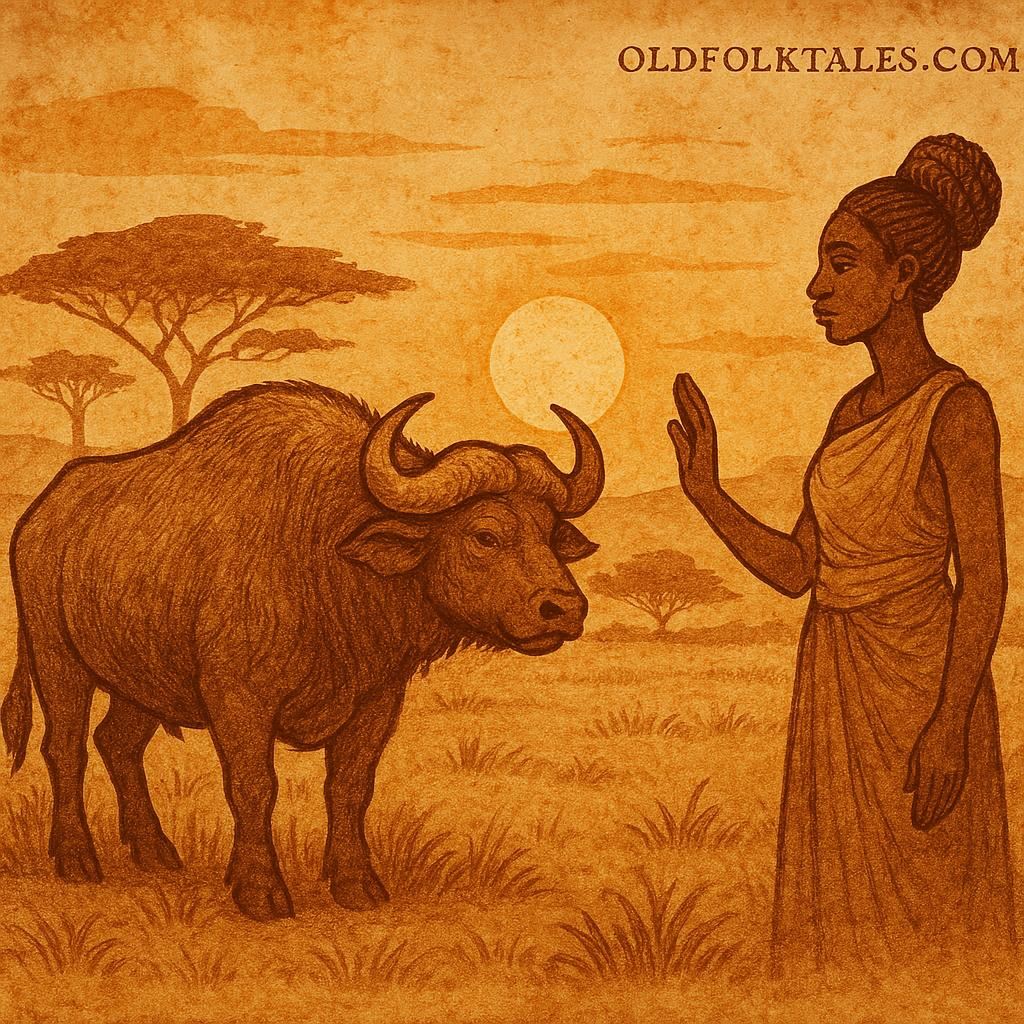 buffalo and a woman in the Malian savannah at sunset - Mali folktale