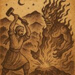 A brave Moroccan blacksmith confronting a fiery Ifrit in the Atlas Mountains at night - Moroccan Folktale