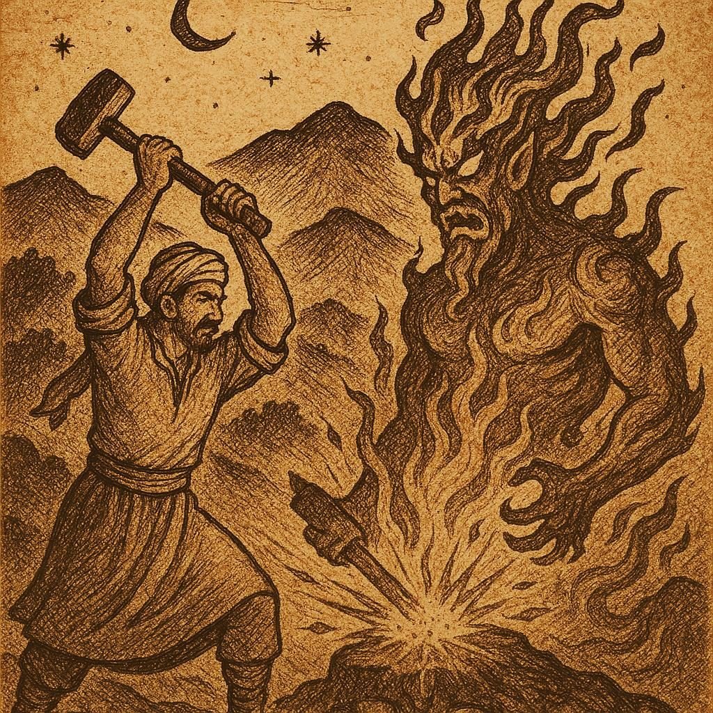 The Blacksmith and the Ifrit Moroccan Folktale | FolktalesAfrica.com A brave Moroccan blacksmith confronting a fiery Ifrit in the Atlas Mountains at night - Moroccan Folktale