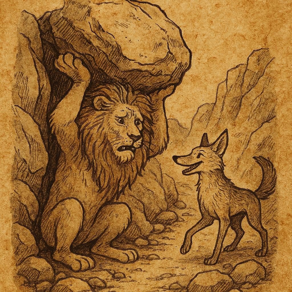Clever Jackal Gets Away Kenya Folktale | FolktalesAfrica.com the clever Jackal tricking the Lion into holding up the rocks in a rocky pass, from the Kenya folktale.