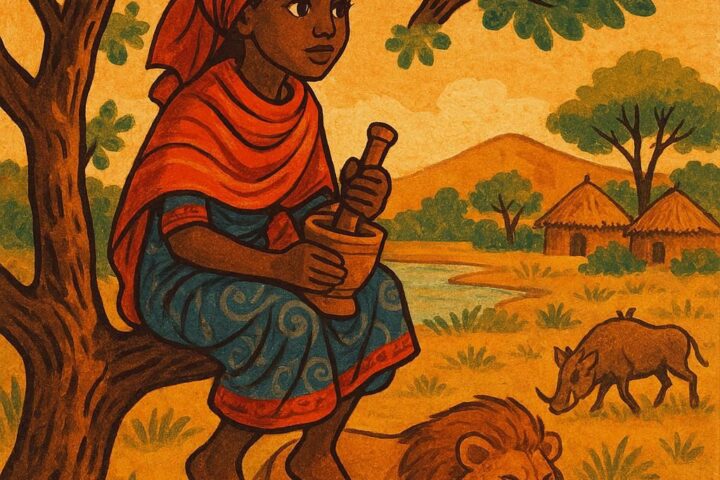 A brave Somali girl sitting on a tree branch near a lake with a mortar in her hands, while a lion and wild animals search below - Somali folktale