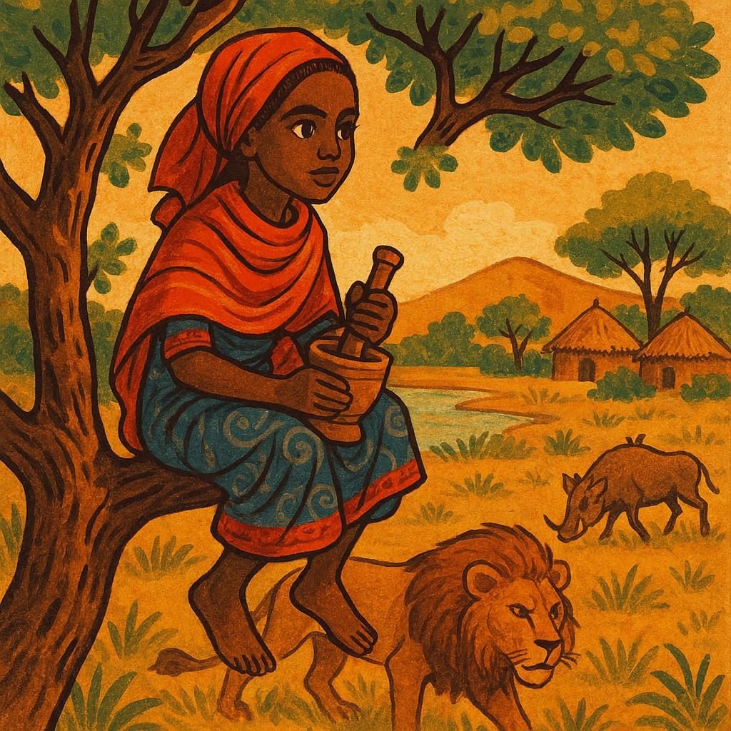 A brave Somali girl sitting on a tree branch near a lake with a mortar in her hands, while a lion and wild animals search below - Somali folktale