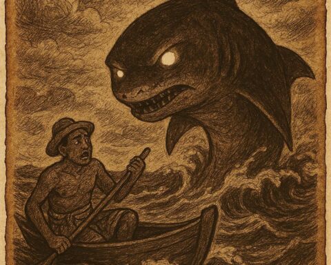 a fisherman in the Seychelles making a tragic bargain with a shark spirit. The glowing-eyed shark rises from the ocean while the fisherman trembles in his canoe