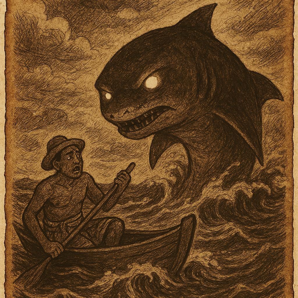 a fisherman in the Seychelles making a tragic bargain with a shark spirit. The glowing-eyed shark rises from the ocean while the fisherman trembles in his canoe