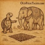 a clever tortoise tricking a decorated elephant into falling into a hidden trap from the Ghanaian folktale