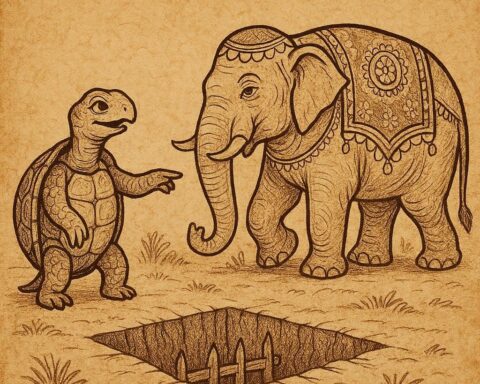 a clever tortoise tricking a decorated elephant into falling into a hidden trap from the Ghanaian folktale