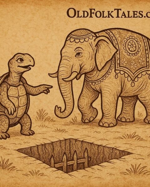 a clever tortoise tricking a decorated elephant into falling into a hidden trap from the Ghanaian folktale
