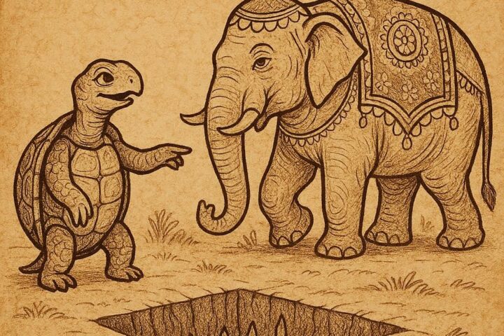 a clever tortoise tricking a decorated elephant into falling into a hidden trap from the Ghanaian folktale