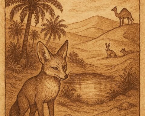 A clever desert fox at a hidden oasis in the Mauritanian desert surrounded by animals - Mauritanian folktale